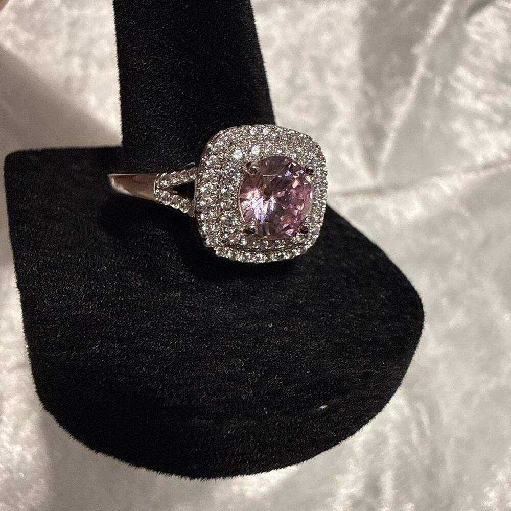 Silver Plated Stainless Steel Ring with CZ Pink sapphire and diamond ring